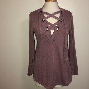Mauve shoe lace, v-front sweater long sleeve NWOT